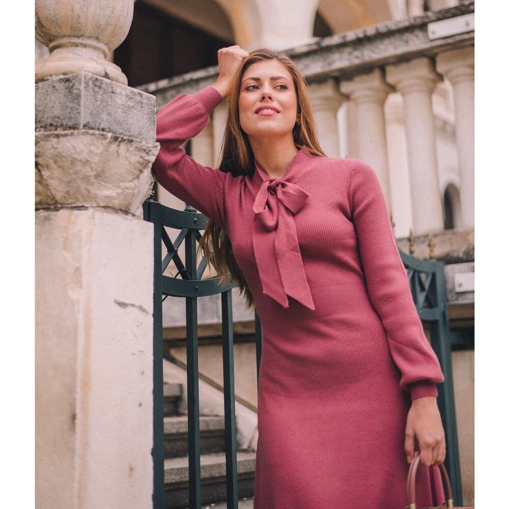 Gal Meets Glam Knit Pink Tie Neck Long Sleeve Sweater Dress Midi Medium Brianna - Picture 3 of 10